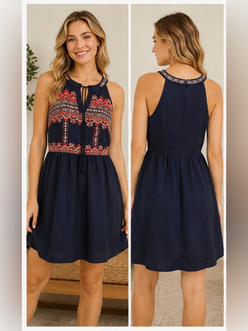 BB Dakota Embroidered Navy Sleeveless Mini Dress | Tassel Tie | Boho